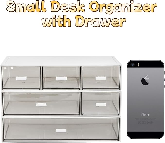 Lyellfe 3 Tier Small Desk Organizer with 6 Drawer, Stackable Desktop Storage Box, Portable Size Office Supplies Jewelry Storage Case, Makeup and Stationary Organizer for Cosmetic, School Supply