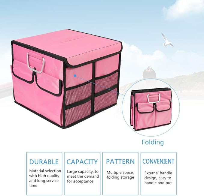 Car Trunk Organizer Collapsible Portable Multi Compartments Organizer with Non Slip Straps for SUV Truck Auto Vehicle Car Auto Minivan (Small covered, Pink)