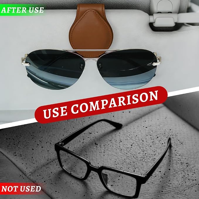Sunglasses Holders for Car Visor, PU Leather Car Organizer, Magnetic Glasses Holder and Ticket Card Clip, Multi-Functional Auto Sun Visor Eyeglass Holder for Most Vehicles (Brown)