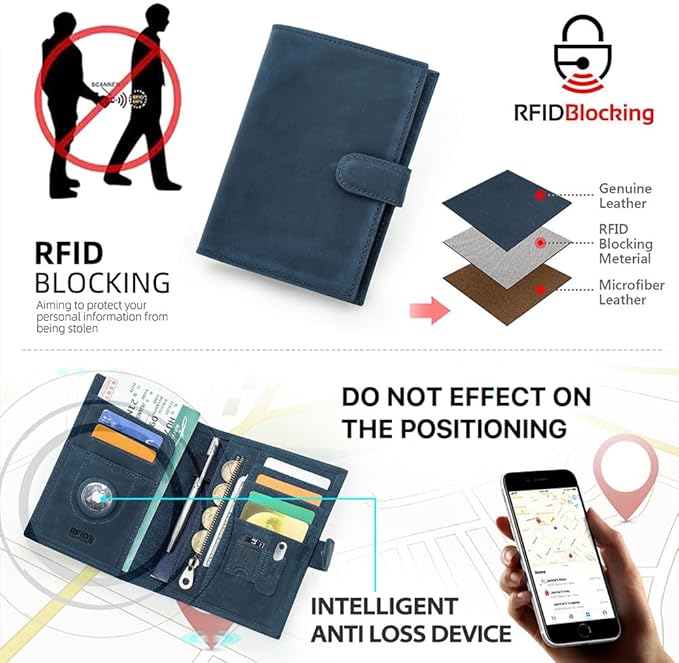 CONTACTS Full Grain Leather Passport Holder Compatible with Airtag RFID Blocking Passport Wallet Travel Slim Passport Cover with SIM Card Removal Tool (Blue)