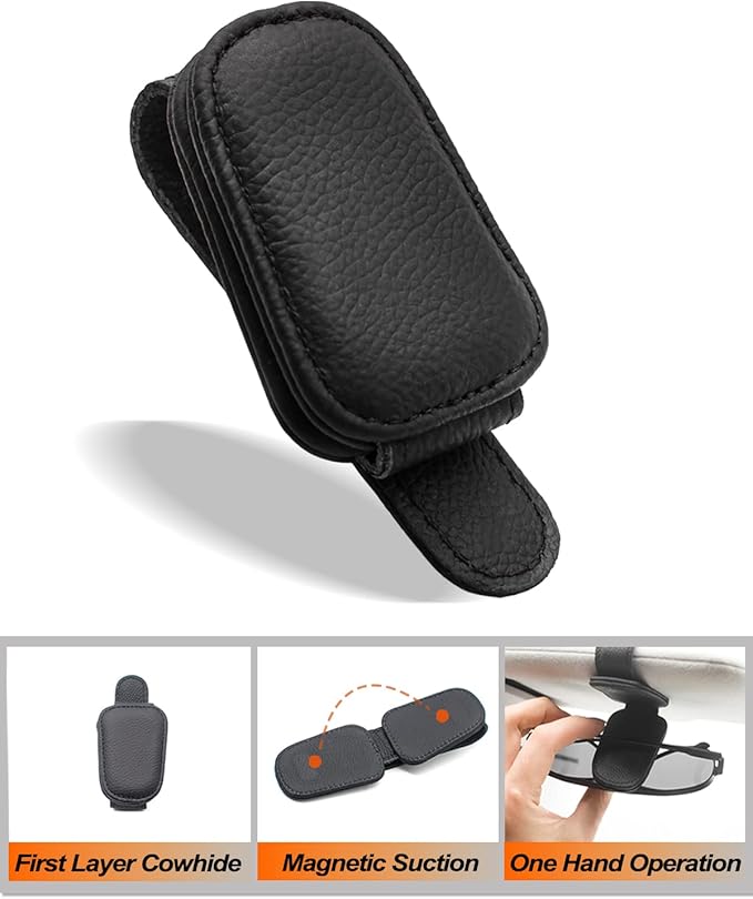 2 Pack Sunglass Holder for Car, Magnetic Leather Eyeglass Hanger Sunglass Clip for Car Visor, Car Sunglass Holder Organizer Storage, Car Interior Accessories (2PCS, Black)