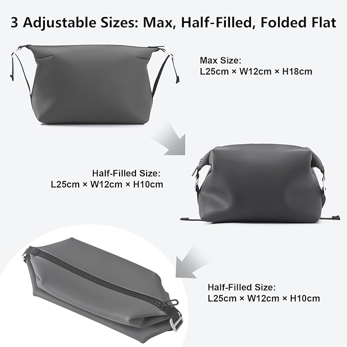 Vomgomfom 6L 13 Inch Silicone Toiletry Bag, Waterproof Leakproof Travel Cosmetic Organizer, Adjustable G-Buckle Compression Dopp Kit, Foldable Makeup Bag for Women & Men (Grey, 6.5”3L)