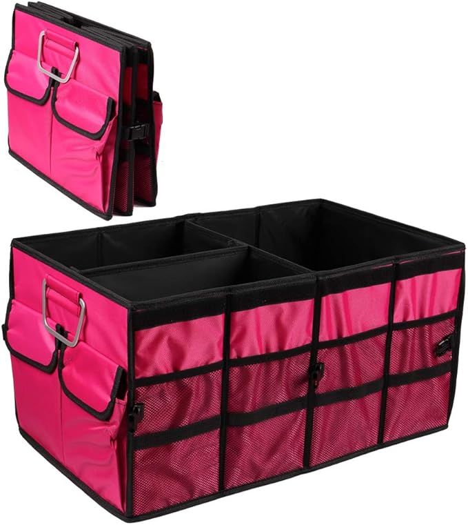 Car Trunk Organizer Collapsible Portable Multi Compartments Organizer with Non Slip Straps for SUV Truck Auto Vehicle Car Auto Minivan(Large without cover, Rose red)