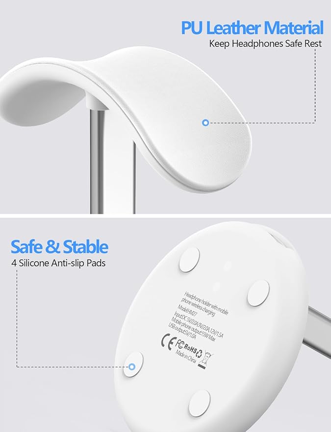 Miroddi Headphone Stand with Wireless Charger, Independent USB Charging Port, 5 in 1 Charging Station Headset Holder Rack for AirPods Max/Pro/4/3/2, iWatch, iPhone, Samsung and Desk Headphones, White