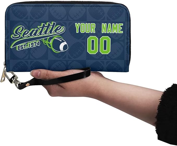 Custom Sports Team Zip Organizer Wallet-Personalized PU Leather Wallet with Name Number,Multi-Card Slots,Wrist Strap,Fan Gift for Men Women.