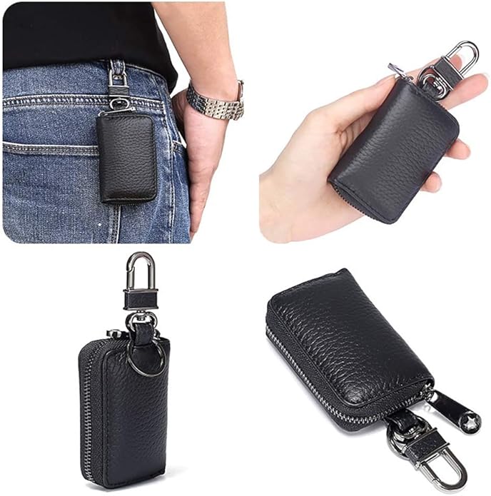 Leather Key Case Holder Auto Key Chain Protector Cover Zipper Bag Remote Fob for Car