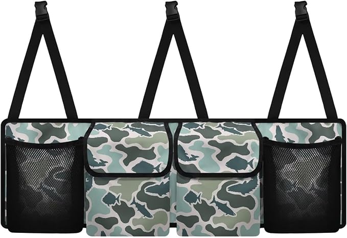Fish Camo Car Backseat Organizer Waterproof Foldable Cars Interior Organizing Accessories Backseat Hanging Organizer with 4 Storage Bag for Cars Sedans and SUVs