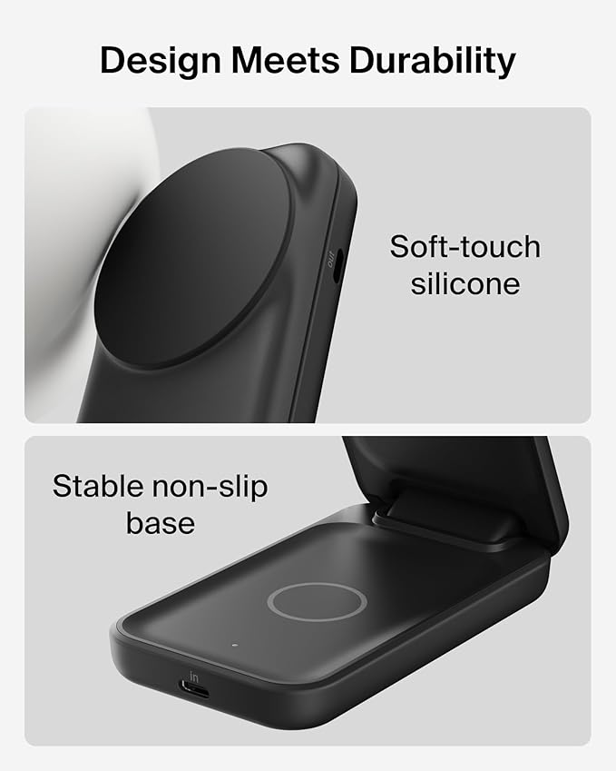 Belkin MagSafe Charger, Compatible 2-in-1 Charging Station, Qi2.2 25W Magnetic Wireless Charger iPhone, Foldable Stand, with 5W USB-C Port, for iPhone 17/16/15, Pixel 10, AirPods, 45W Adapter Included
