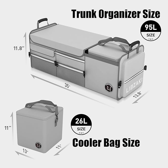 LIBZAKI Oversize 4 in 1 Car Trunk Storage Organizer, Multi Compartment Collapsible Trunk Storage Box with Cooler Bag for Car Truck SUV-Gray