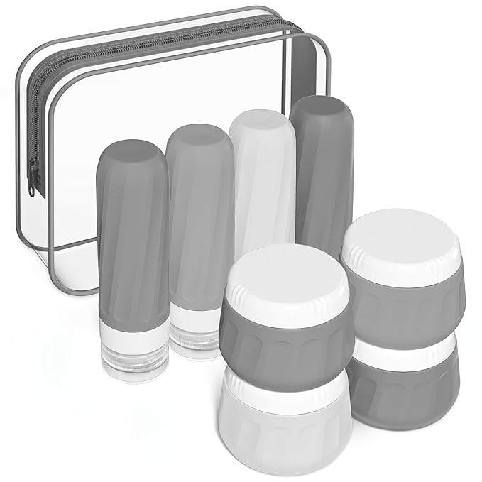 Mrsdry Travel Size Toiletries 8 Pack, TSA Approved 3oz Silicone Squeeze Bottles & Cream Jars with Clear Travel Bag