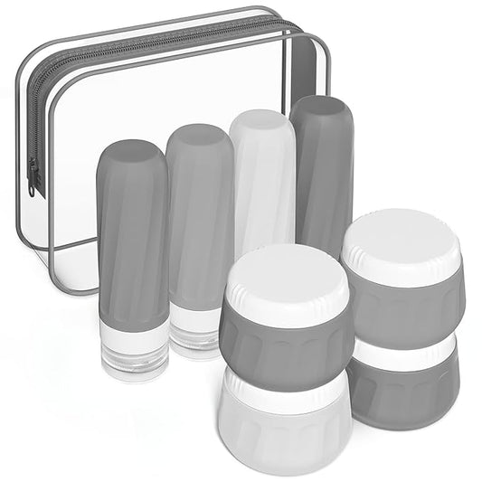 Mrsdry Travel Size Toiletries 8 Pack, TSA Approved 3oz Silicone Squeeze Bottles & Cream Jars with Clear Travel Bag