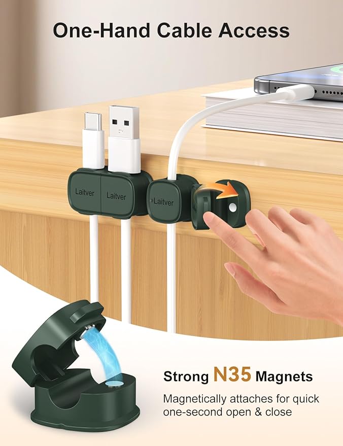 6 Pack Magnetic Cable Clips [1s Open/Lock], Laitver Cord Organizer Holder Strong Adhesive Desk Cable Management- Organize Charging Cords Neatly for Home, Office, Car,Desk, Nightstand-Dark Green