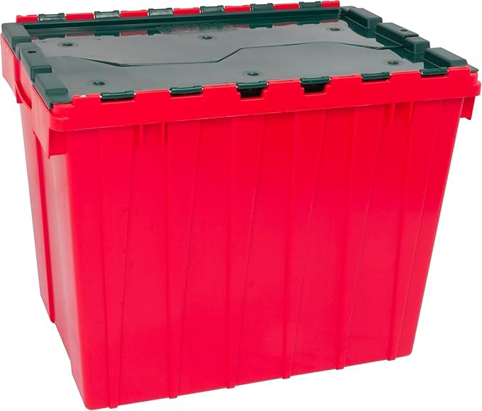 Akro-Mils KeepBox 18 Gallon Storage Container, Nesting and Stackable Plastic Storage Box with Lid Attached, Organizer Tote for Garages, Closets, and Moving, 21" x 15" x 17", Red/Green