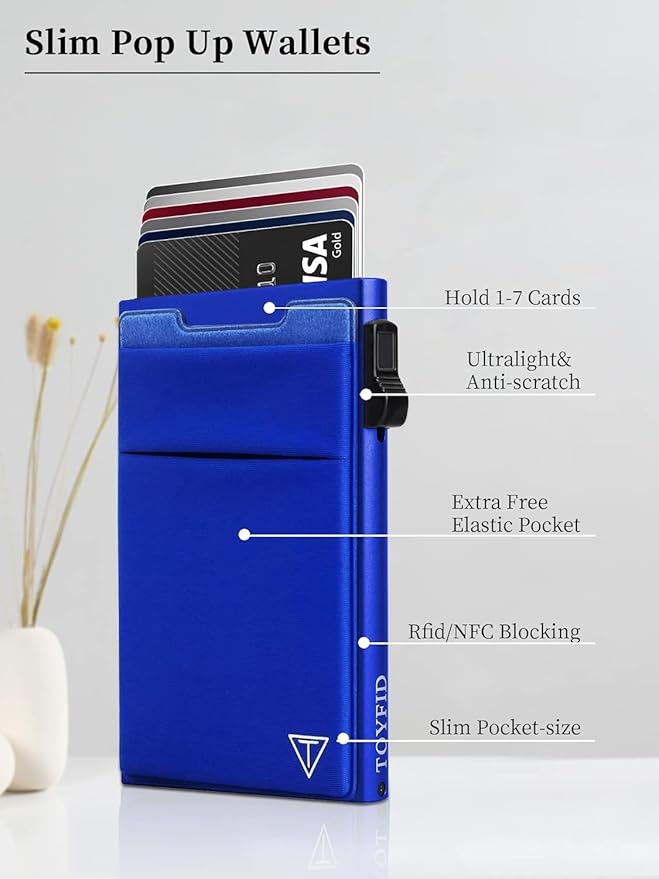 TOYFID Aluminum Wallet for Men - RFID Protected, Scratch Resistant, Large Capacity, Extra Pocket, Sliding Button, Blue