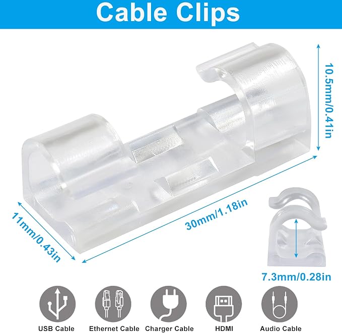 Jiozermi 60 Pcs Self Adhesive Clear Cable Clips, Cable Wire Management Clips with 3M Adhesive Wall Wire Holder Cord Management for Desk, Wall, TV, Car Dash Cam, RV, Ethernet, PC, Christmas Light