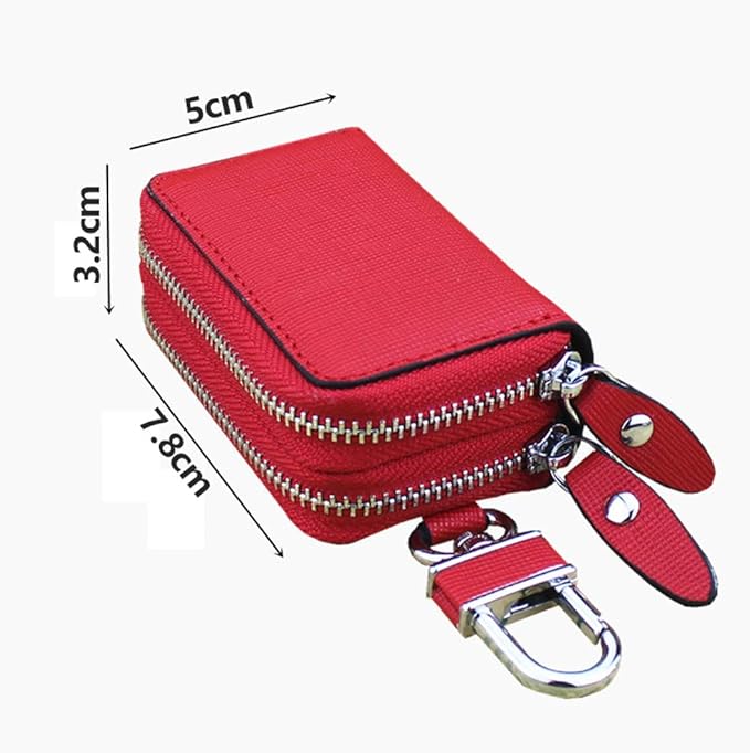 Car Key Fob Holder for Women, Genuine Leather Car Key Case Keychain Holder Metal Hook and Keyring Zipper, 2 Sides Pocket