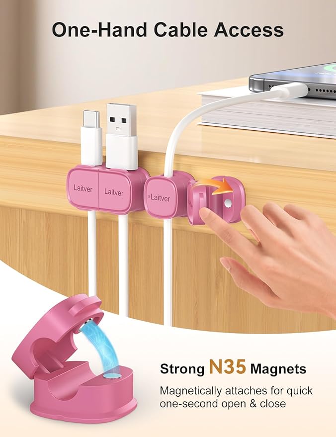 6 Pack Magnetic Cable Clips [1s Open/Lock], Laitver Cord Organizer Holder Strong Adhesive Desk Cable Management- Organize Charging Cords Neatly for Home, Office, Car,Desk, Nightstand-Rose Red