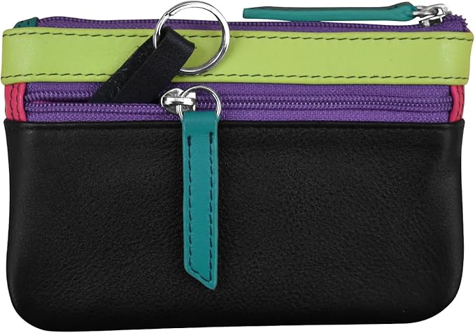 ili New York Mini Leather Coin Purse, Compact Genuine Leather Pouch with Key Ring & RFID Protection, Used for Coins, Keys and Cards, Ideal for Travel and Everyday Carry, Black Brights