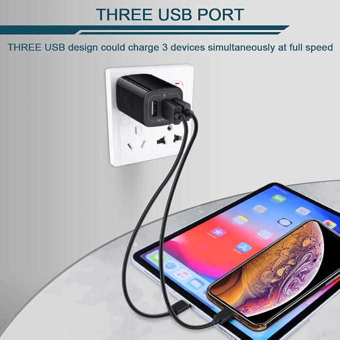 Wall Charger Plug, USB Charger Cube, AILKIN 3.1A 3-Muti Port USB Adapter | Power Plug Charging Station Box Black Base for iPhone 17 16 15 14 13 12 11 Pro Max/SE, Samsung Galaxy Phones Charge Block