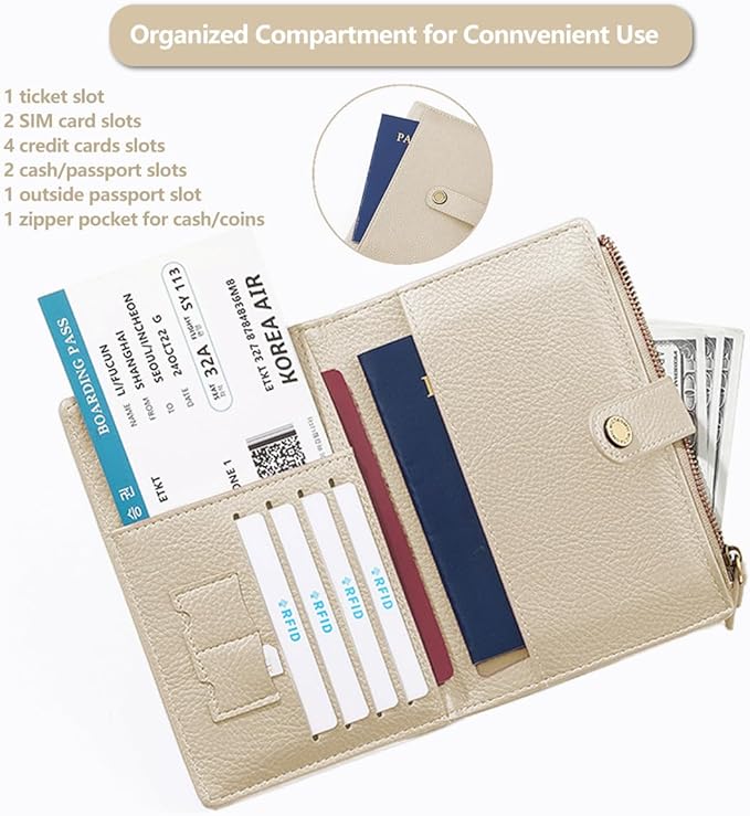 Slim RFID Blocking Passport Holder Wallet,PU Leather Travel Card Organizer,Lightweight Passport Case for Women Men (Apricot)