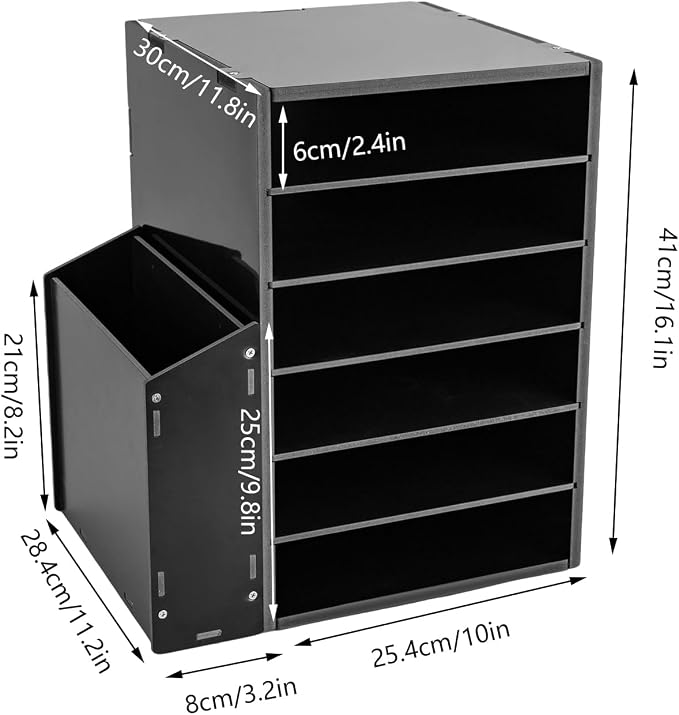 6-Tier File Organizer, 6 Slot Thick Board Desktop Mail Sorter w/Side Storage Cabinet, Adjustable Shelves File Sorter, Paper Organizer for Home School Office (Black, 6 Slot)