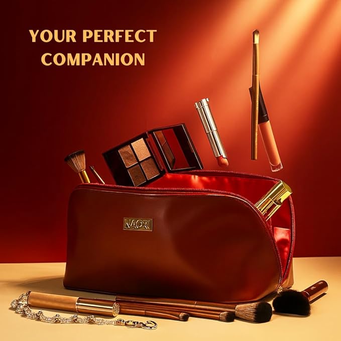 NAORI Travel Makeup Bag for Women | Large Luxury Cosmetic Organizer with Handle & Inner Pockets | Waterproof Faux LeatherToiletry Bag | Makeup Case for Home, Travel & Gifting (Classic Burgundy)