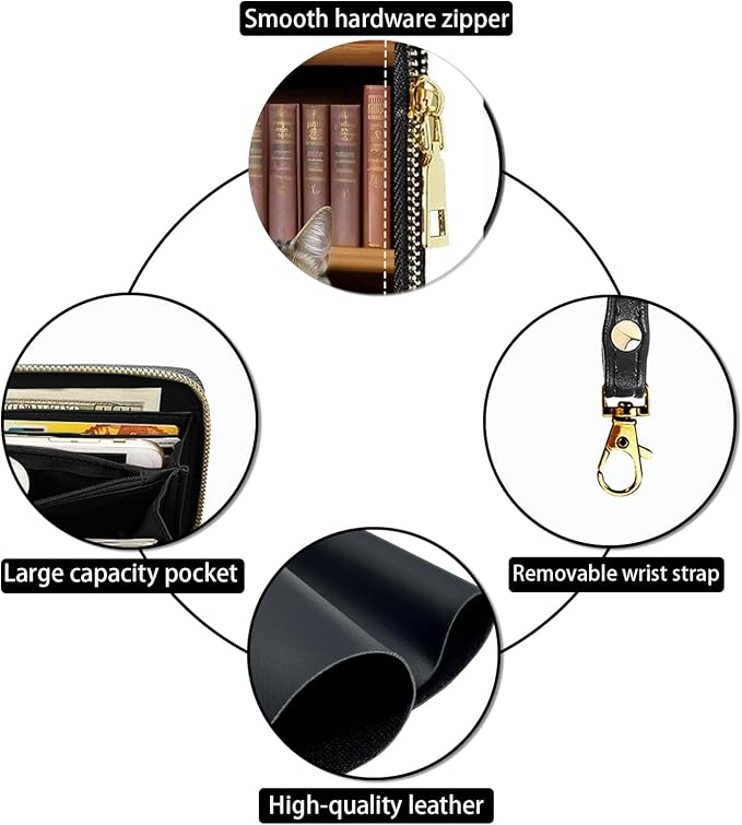 Women's Large Capacity Wallet PU Leather Zip Around Clutch Purse Multifunctional Wallet with Removable Wristlet Strap for Smart Phone/Coin/Card/Cash, Cat On Bookshelf