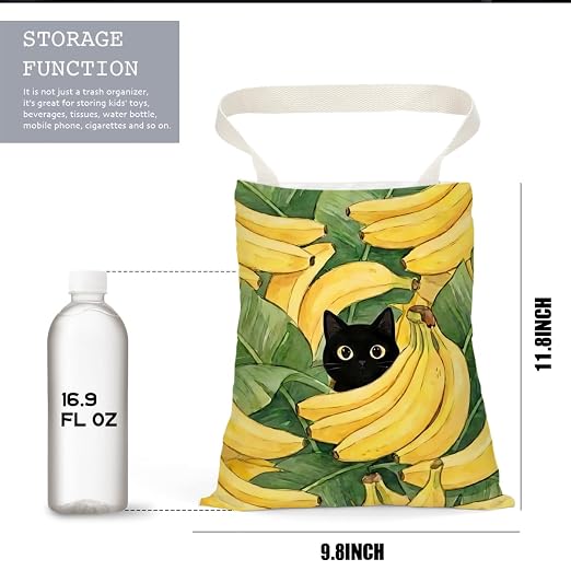 Black Cat Car Trash Bag, Banana Car Trash Bag Hanging, Banana Accessories, Summer Decor Waterproof Cars Back Seat Hanging Organizer Garbage Can for Vehicle Travelling Camping