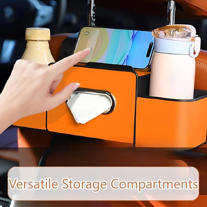 3-in-1 Multifunctional Car Backseat Organizer with Cup Holder, Tissue Box, Trash Bin & Hooks for Hold Phones, Snacks, Drinks, Handbags (Brown)