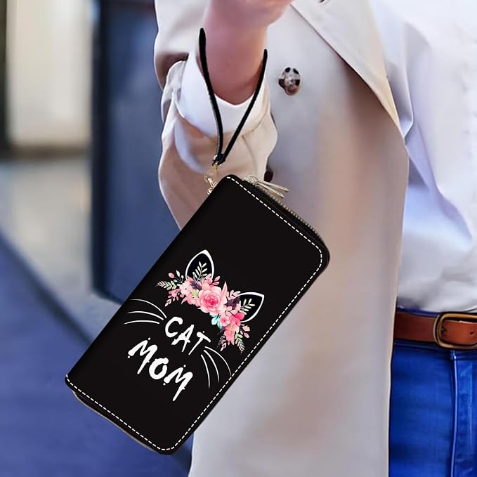 Women's Large Capacity Wallet PU Leather Double Zipper Clutch Purse Multifunctional Wallet with Removable Wristlet Strap for Smart Phone/Coin/Card/Cash, Floral Cat Mom