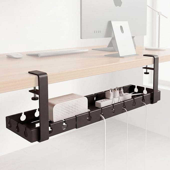 Under Desk Cable Management Tray, Adjustable 15.7"-29.1" Cable Management Tray, No-Drill Metal Cable Storage & Organizer for Home Office, Black
