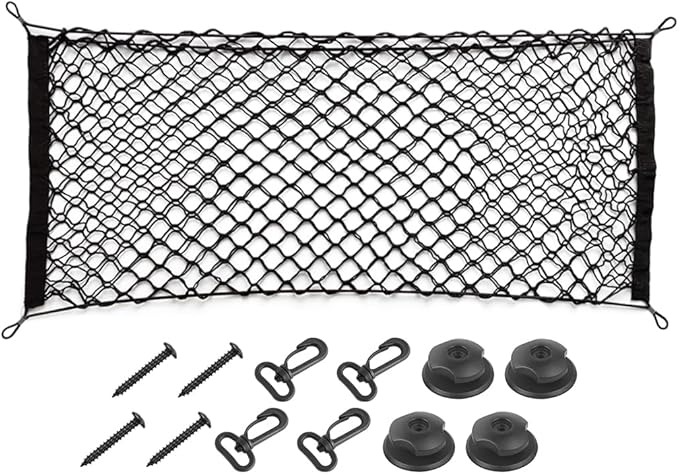 Osilly Car Rear Cargo Net, Double-Layer Adjustable Stretchable Elastic Storage Organizer Net, Trunk Cargo Storage Mesh Net with Hooks, Car Interior Accessories Fit for Vehicle, Trucks, SUV (Small)