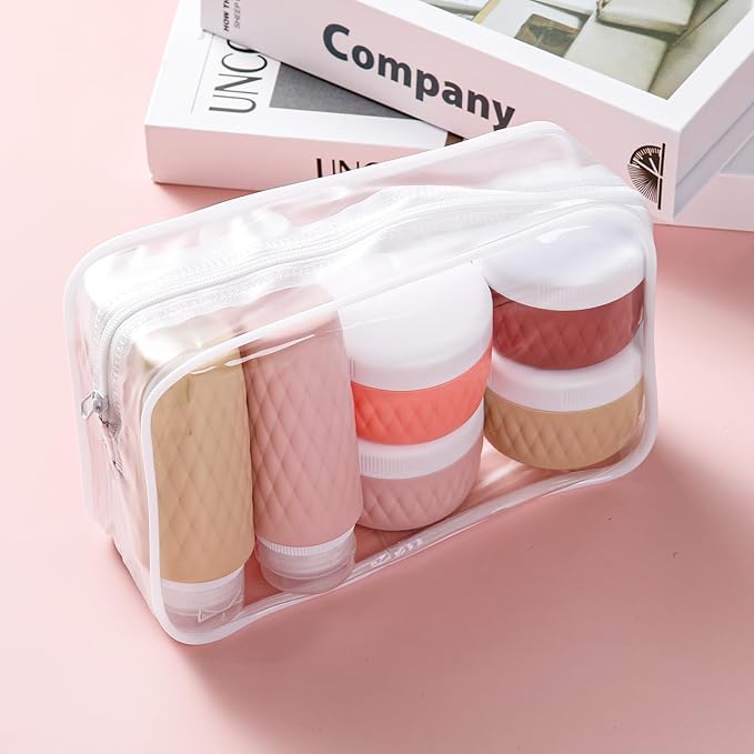 kuangre 8 Pack Travel Bottles for Toiletries - 3 OZ / 90 ML, | Leak Proof Silicone Containers with Clear Bag, Travel Size Toiletries for Lotions, Creams, Foundation, Shampoo, body wash and More |