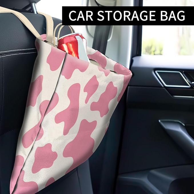 Cute Car Organizer and Storage Bag, Hanging Trash Bin for Vehicle, Travelling, Camping - Pink Cute Cow Print