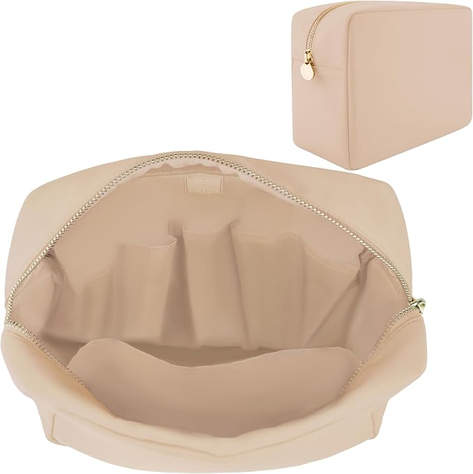 DANCOUR Makeup Bag with Compartments, Large Makeup Organizer, Travel Cosmetic Bag, Makeup Case, Cosmetic Bag for Women, Travel Pouch, Beige Makeup Bag with Dividers