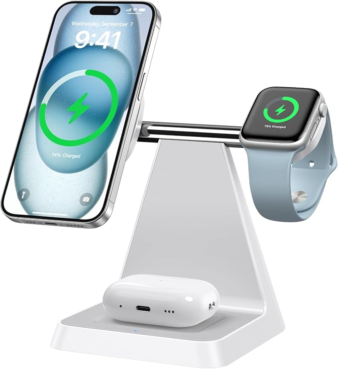 Magnetic Wireless Charger for iPhone - 3-in-1 Fast Charging Station Compatible with MagSafe Charger iPhone 16-12 Series Apple Watch AirPods for Nightstand Desktop Bedside (White)