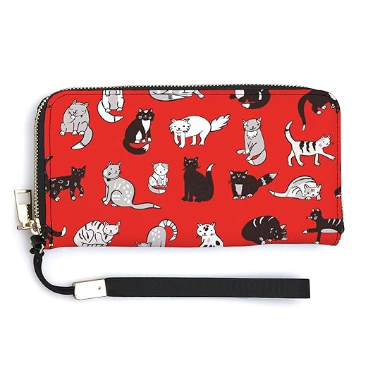 Unisex Zip Around Wallet for Adults Teens Cats Pattern Coin Pouch Cash Pocket PU Leather Wallets Card Holder Organizer Designer Purse with Wristlet Strap