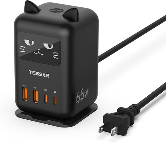 USB C Charger Block PD 65W, TESSAN Charging Station for Multiple Devices, Desktop Tower Charger with 4 USB Ports for iPhone 17/16/15, MacBook, Tablet, Office Home Dormroom, Black