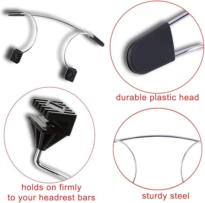 Akozon Car Coat Hanger, Metal Car Clothes Hanger Adjustable Car Seat Headrest Hooks with Headrest Restraint Rods For Car (Black)