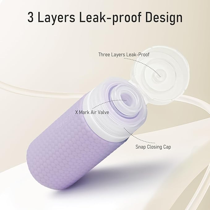 Travel Bottles for Toiletries 2oz 60ml 2 Pack + Cosmetic Jar 40ml 1.35oz Luxury Leather Pattern, Anti-slip Silicone Premium Refillable Bottle Set with Facial Brush On-the-go, Lavender Purple