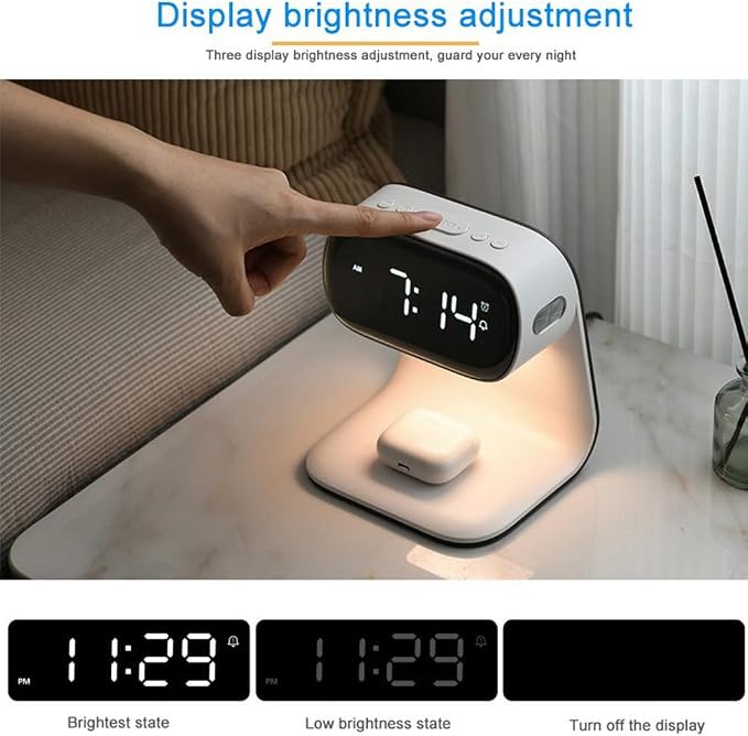 AYI 3in1 Wireless Charging Station with Alarm Clock & Night Light 15W Fast Charge for Phone & Earbuds Digital Clock with Dual Alarm 3-Level Dimmable LED Touch Lamp Large Display for Bedroom-A40