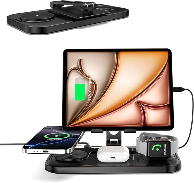 4 in 1 Wireless Charging Station with Stand for iPhone 16/15/14, Apple Watch 10/9/8, AirPods Pro 2 | Foldable Travel Charger | Nightstand Design (Black)