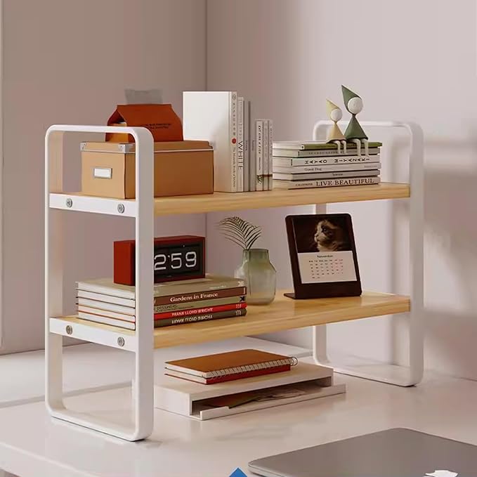 2 Tier Desktop Bookshelf, Office Desk Shelf Organizer, Metal Frame Wood Board Rack, Countertop Bookshelf for Office Supplies Display Rack, for Dorm, Home, School, Office(Yellow,40cm/17.7")