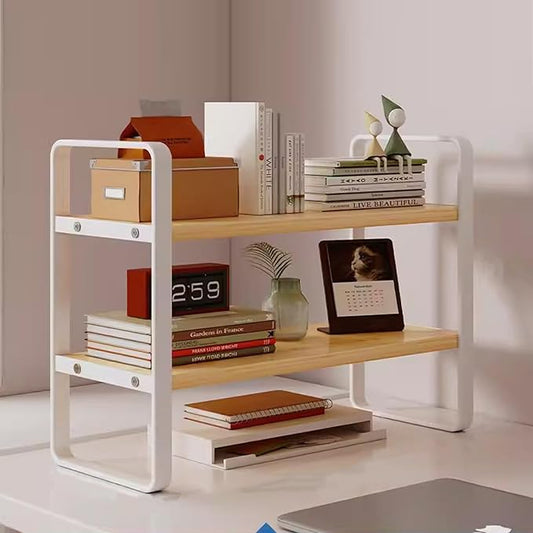 2 Tier Desktop Bookshelf, Office Desk Shelf Organizer, Metal Frame Wood Board Rack, Countertop Bookshelf for Office Supplies Display Rack, for Dorm, Home, School, Office(Yellow,40cm/17.7")