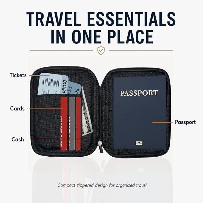 EM RFID Passport Holder with Zipper, Travel Wallet, AirTag Card Case, Black | Ideal for 1 passport, cards, cash, ID and boarding pass. Measures 4.7 L x 0.8 D x 6.1 H in with discreet AirTag card pocket