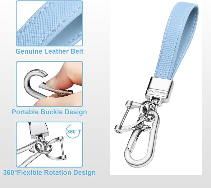 QBUC Genuine Leather Car Keychain,Universal Heavy Duty Metal Key Chain Accessories,Car Fob Key Keychain Holder with 360 Degree Rotatable Snap Swivel and Anti-Lost D-Ring for Men Women(Light Blue)