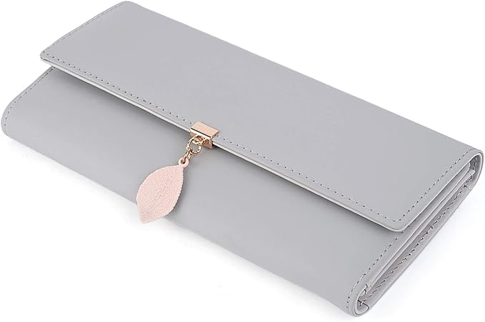 UTO RFID Wallet for Women PU Leather Leaf Pendant Card Holder Phone Checkbook Organizer Zipper Coin Purse | Leaf Pendant