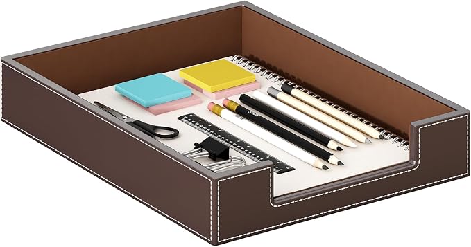 Leather Letter Tray, AUVAHOX Elegant Desk Organizer for Office Supplies, Mail, Paper, File, Magazine, Perfect Space Saver for Desk (Brown)