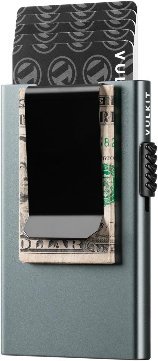VULKIT Minimalist Wallet with Money Clip RFID Protection Pop Up Card Holder Slim Wallet Credit Card Holder Metal Wallet, Space Grey