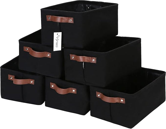 Hinwo 6-Pack Small Canvas Fabric Storage Baskets Set with Handles, Open Bins, Cube Organizer, Shelf Organizer Bins for Closet, 7.9L, 12 x 8 x 5 Inches (Black)